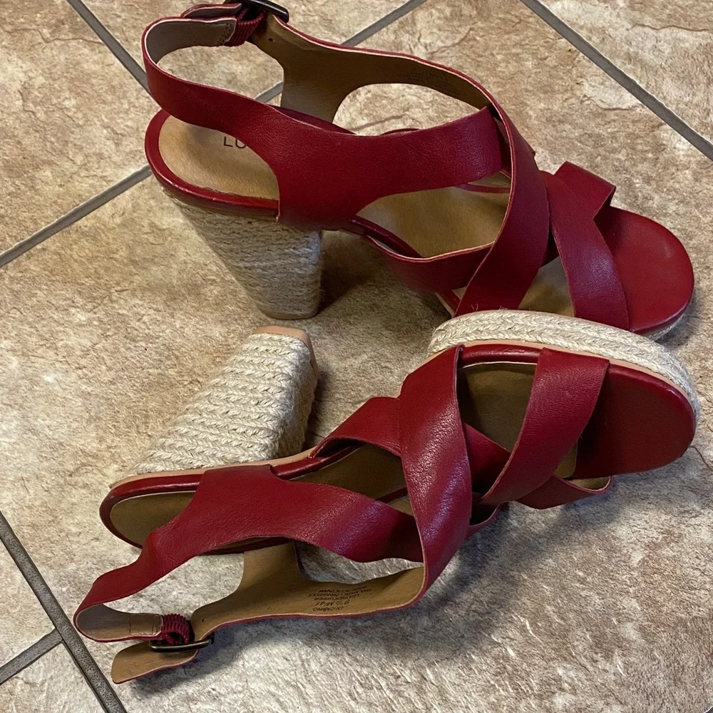 Lucky Brand Red Leather 9.5M Espadrille Heeled Sandals Slingback Summer Fall